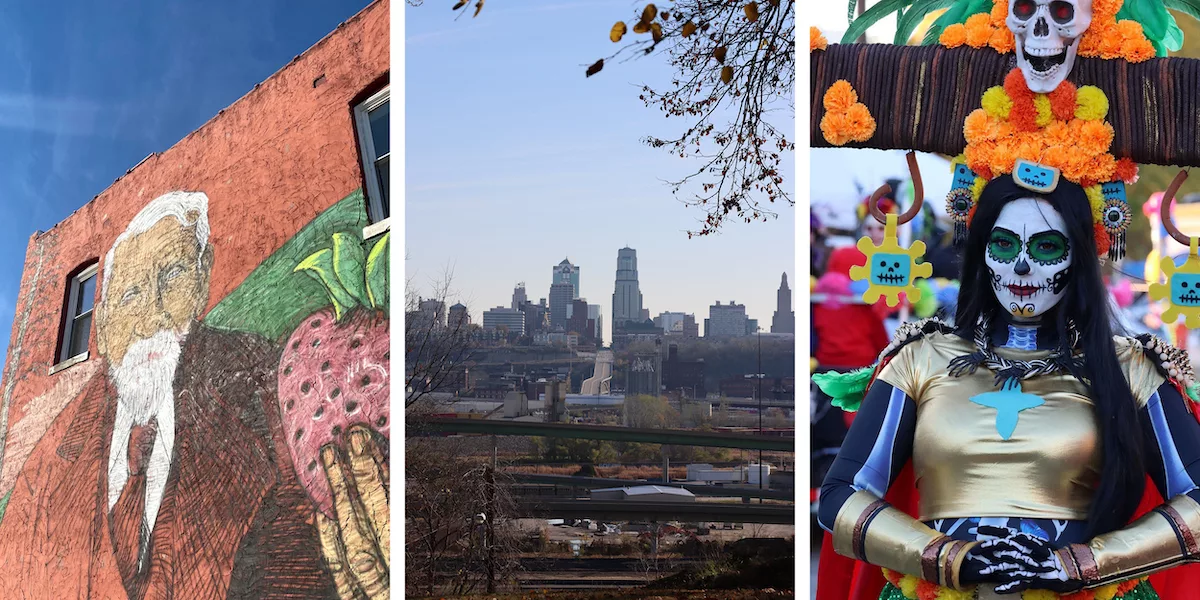 Graphic for blog post about things to do in Kansas City, Kansas including images of mural in Strawberry Hill, view of Kansas City, MO and catrina during Day of the Dead celebration