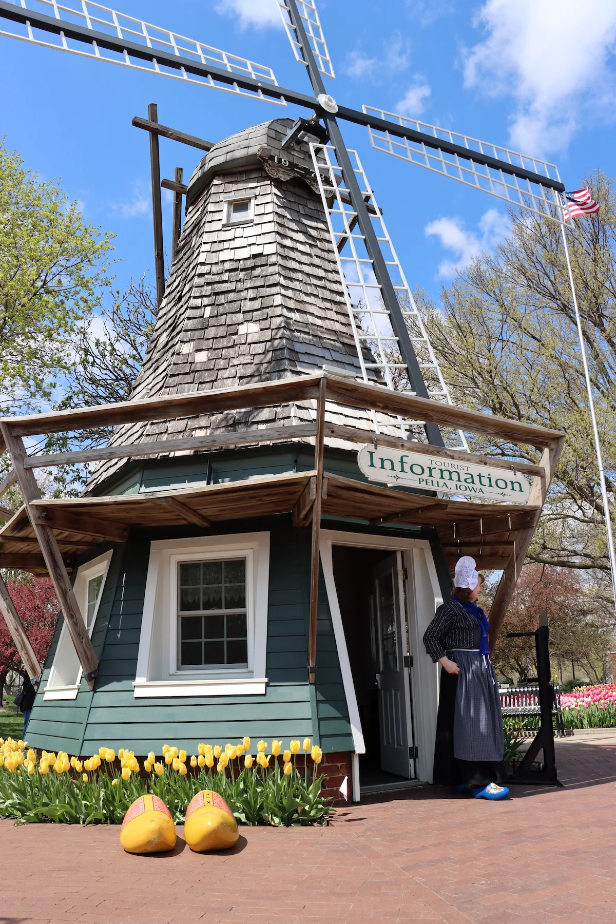 Miniature windmill with giant wooden shoes in Central Park in Pella, Iowa