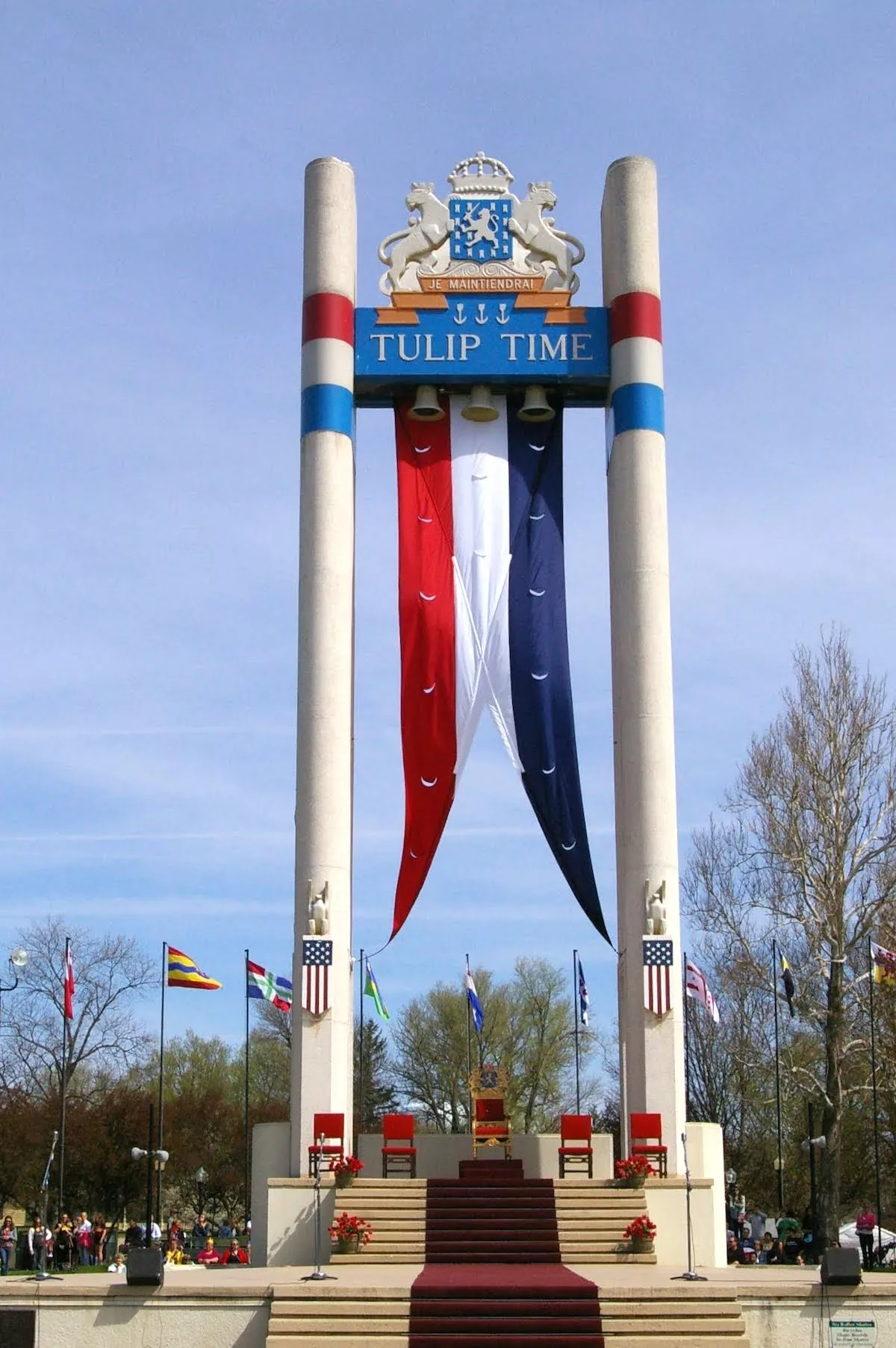 Tulip Time grandstand with banner in Pella, Iowa