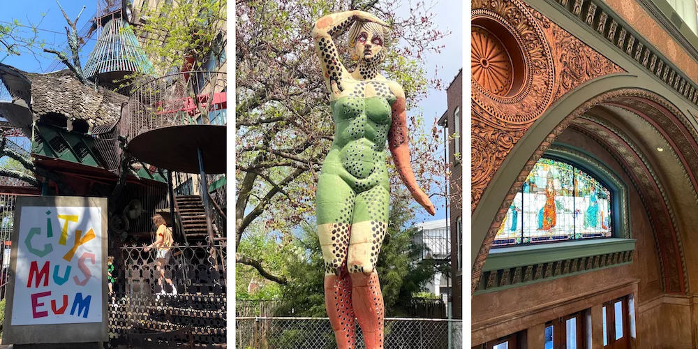 Graphic for blog post about offbeat attractions in St. Louis, Missouri, including City Museum, Italian Spaghetti Lady and the Whispering Arch in Union Station