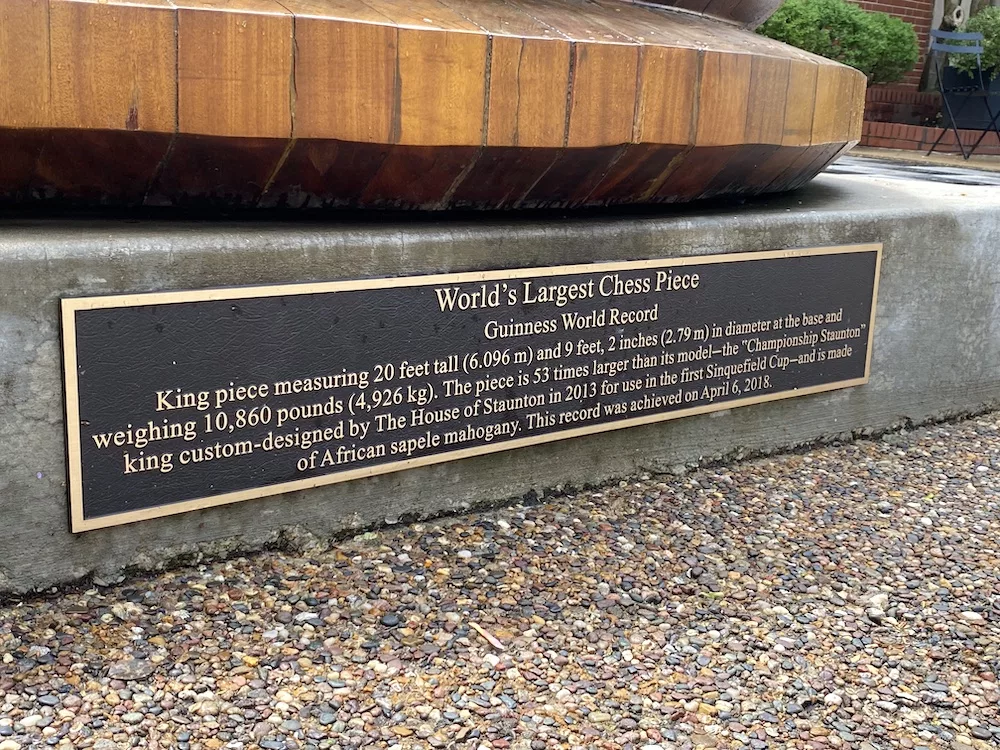 Plaque on the World's Largest Chess Piece outside of World Chess Hall of Fame in St. Louis, Missouri