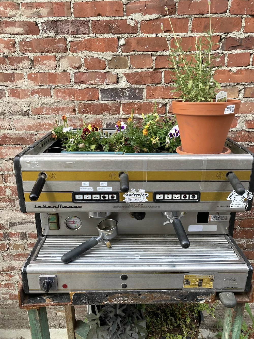 Vintage espresso machine on the patio of The Bakery on Broadway in Audubon, Iowa