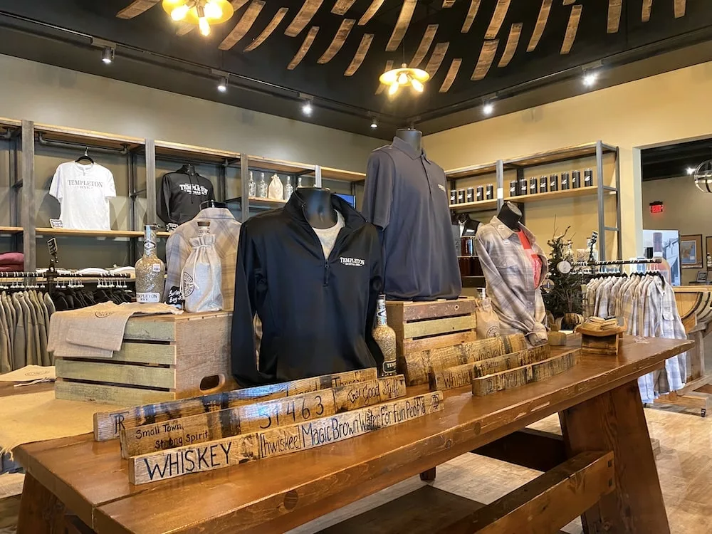 Merch and apparel at Templeton Distillery in Templeton, Iowa