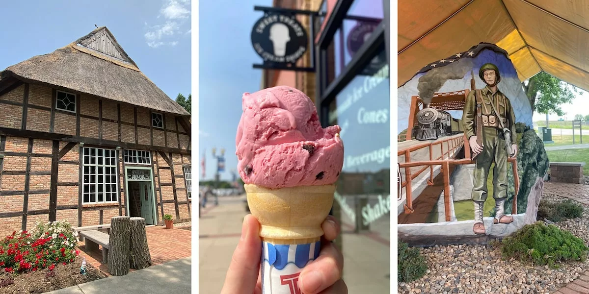 Graphic for blog post about things to do in Manning, Iowa including images of the Hausbarn, ice cream from Sweet Treats and the Carroll County Freedom Rock