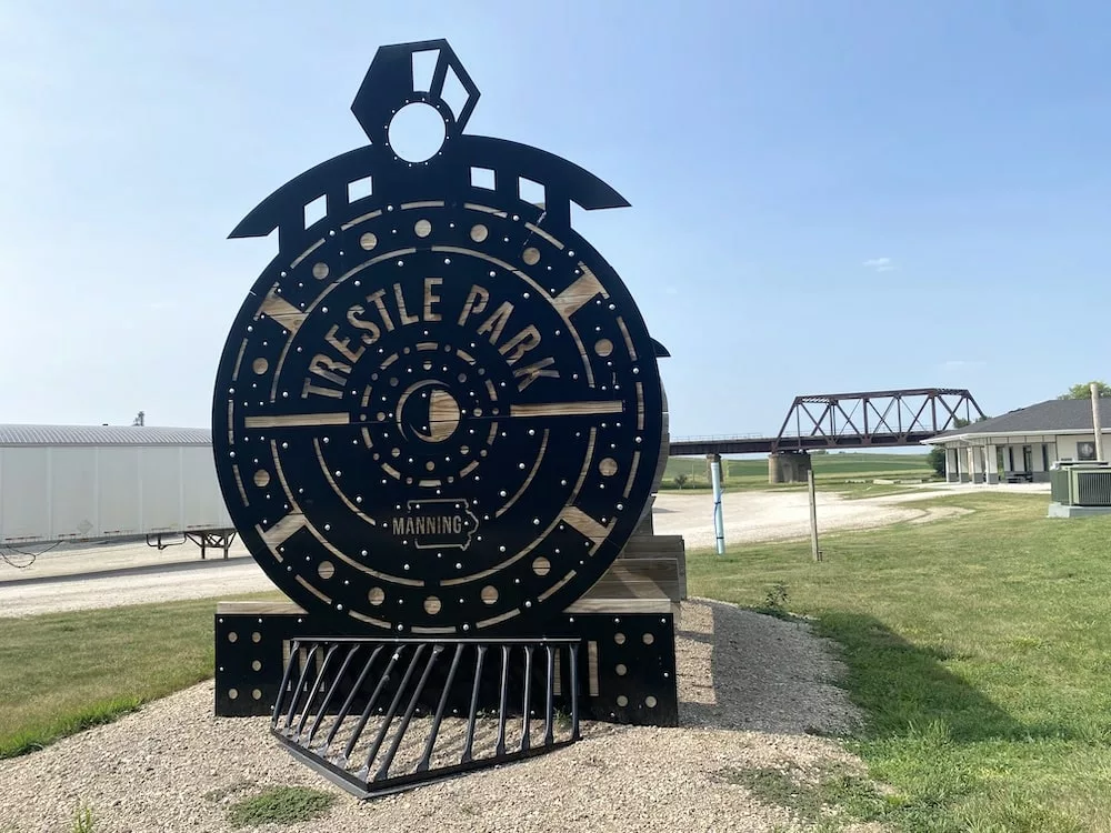 Train engine signage at Trestle Park in Manning, Iowa