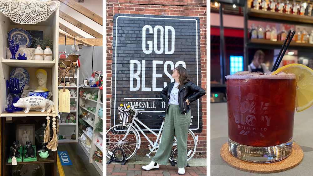 Graphic for blog post about things to do in Clarksville, Tennessee including images of Miss Lucille's Marketplace, the God Bless Clarksville mural and drinks at Old Glory Distilling Co.